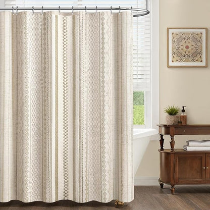 Beige Boho Linen Shower Curtain,72" W x 72" L | Linen Striped Print and Twine-Inspired Woven Center for Bathroom
