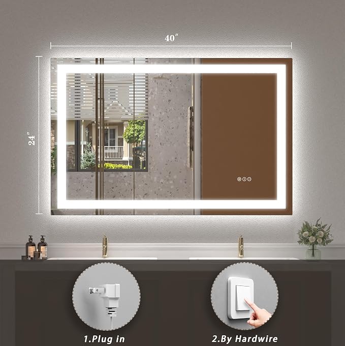 40x24 LED Lighted Bathroom Mirror for Vanity Wall | Front Light and Backlit, Anti-Fog, Memory, 3 Color, Tempered Glass, Dimmable, Rectangular, UL, Horizontal/ Vertical Mounted