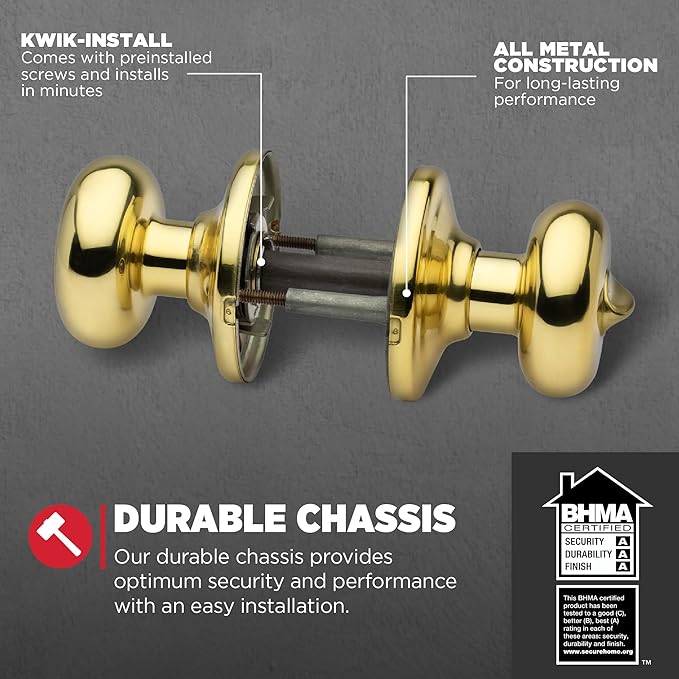 Kwikset Juno Interior Privacy Door Knob with Lock, Door Handle for Bathroom and Bedroom, Polished Brass Keyless Turn Lock Doorknob (Pack of 2)