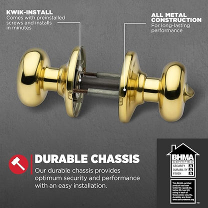 Kwikset Juno Interior Privacy Door Knob with Lock, Door Handle for Bathroom and Bedroom, Polished Brass Keyless Turn Lock Doorknob (Pack of 2)