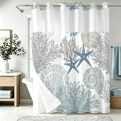 Modern Ocean Cute No Hook Shower Curtain Luxury Nautical Tropical | Kids No Hook Shower Curtain with Snap in Liner, Waterproof Ringless Shower Curtains for Bathroom 72x74 Inch Blue