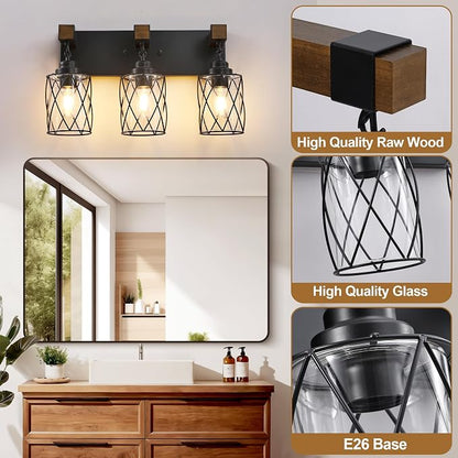 Bathroom Light Fixtures,Farmhouse Black Metal with Glass Shade | 3 Light Rustic Vanity Lights, Wood Accent Wire Cage Design, Mounts Over Mirror, Ideal for Bedroom & Hallway,Easy to Install