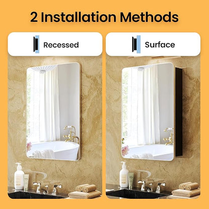 Silver Medicine Cabinet with Mirror 20x26 Inch, Anodized Aluminum Bathroom Cabinet, Rust Proof Recessed Wall Organizer, 6 Adjustable Glass Shelves, Soft Close, Modern Vanity Mirror