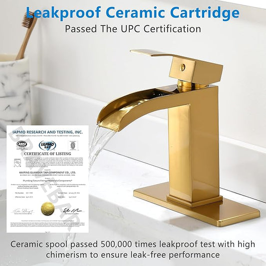 Waterfall Bathroom Faucet Gold - Single Handle Sink Faucets Bathroom 1 Hole Or 3 Hole for 4In | Modern Solid Vanity Faucet with Deck Plate & Overflow Pop Up Drain Brushed Gold