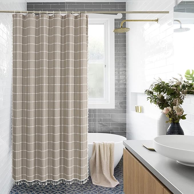 Extra Long Boho Farmhouse Shower Curtain for Bathroom 72x84 | Extra Long French Country Plaid Tassel Shower Curtain, Rustic Aesthetic Bathroom Decor Windows Curtain, Taupe