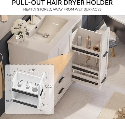 LIKIMIO 29.5" Bathroom Vanity with Sink, Hair Tool Drawer, 4 Solid Legs, 4 Drawers 2 Doors, Modern Freestanding Wooden Bathroom Cabinet with Undermount Upgraded SMC Sink, Quick Assembly, White