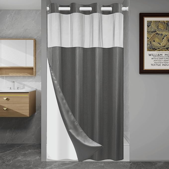 SORTTO No Hook Shower Curtain with Snap in Liner Set Waffle Shower Curtain for Bathroom Hotel Style Fabric Waterproof Inner Liner，54" W x 80" H, Dark Grey