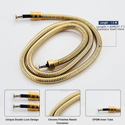 Handheld Shower Head，High Pressure Brushed Gold Shower Head,Water Saving Detachable Shower Wand with Solid Brass Body and 5 ft Flexible Hose, Easy to Clean and Durable