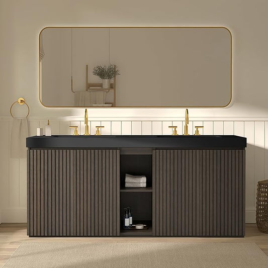 72" Bathroom Vanity with Double Sink, Freestanding Double Sink Bathroom Vanity with Black Engineered Stone Top, Open Storage Cabinet & Adjustable Shelf, 4 Soft-Closing Doors, Smoked Oak Brown