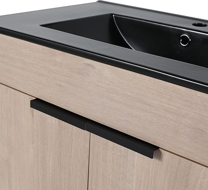 SSLine 30-Inch Bathroom Vanity with Sink Mid-Century Bathroom Vanities with Black Top Basin Floor Wood Bathroom Sink Cabinet with Soft-Close Doors & Adjustable Storage Shelves (Light Oak)