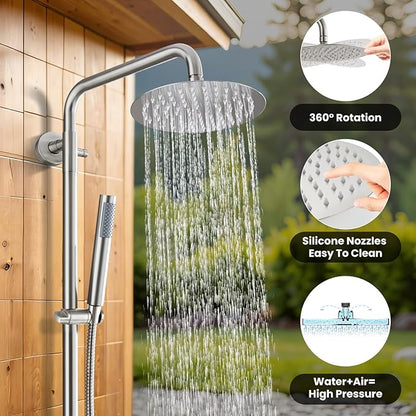 gotonovo Outdoor Shower Kit 304 Stainless Steel, Brushed Nickel, 8 Inch | Rain Outdoor Shower Head and Handle Set Fixture System Faucet, Exposed Wall Mounted, for Outside Yard Pool Seaside/Indoor