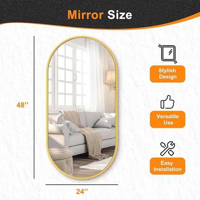 48x24 Gold Oval Bathroom Mirror for Over Sink, Aluminum Frame | HD Reflection No Distortion, Aluminum Frame, Mounting Hardware for Vertical or Horizontal Mount