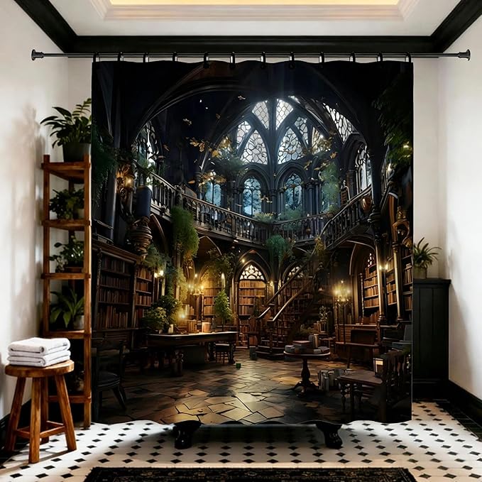 Gothic Library Bookself Shower Curtain,Witchy Dark Green Plant Aesthetics Shower Curtains Funny Waterproof Polyester,Medieval European Castle Architecture Bathroom Decor,72x72 Inch