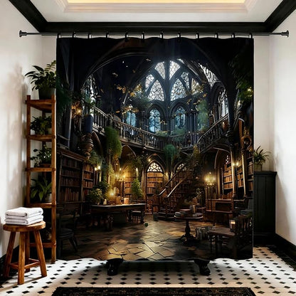 Gothic Library Bookself Shower Curtain,Witchy Dark Green Plant Aesthetics Shower Curtains Funny Waterproof Polyester,Medieval European Castle Architecture Bathroom Decor,72x72 Inch