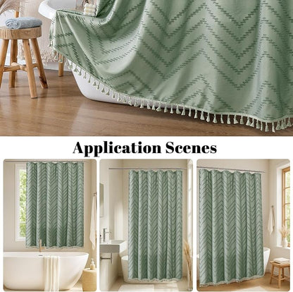 Extra Long Sage Green Boho Shower Curtain, Chic Tufted Chevron Striped Textured Fabric Cloth Shower Curtains with Tassel for Bathroom, Soft Hotel Style Farmhouse, Machine Washable, 72x84