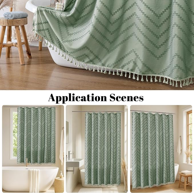 Extra Long Sage Green Boho Shower Curtain, Chic Tufted Chevron Striped Textured Cloth Fabric Shower Curtains with Tassel for Bathroom, Soft Hotel Style Farmhouse, Machine Washable, 72x96