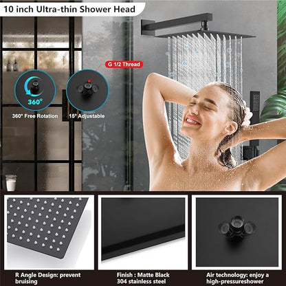 Midanya Shower Faucet Set,Wall Mount Shower System with Square Rain Shower Head and Hand Sprayer, Rough-in Valve Body and Trim Kit Included,10 Inch,Matte Black