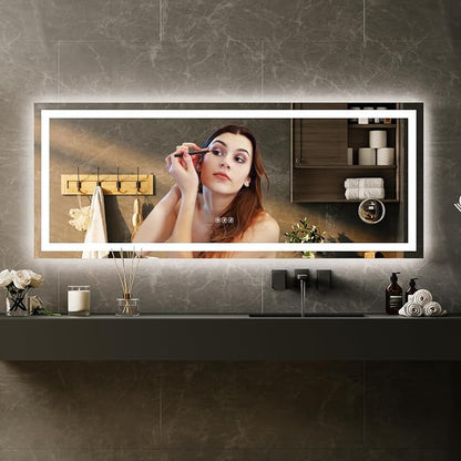 LED Bathroom Mirror 60 x 24 inch with 3X Mirror, Lighted Bathroom Vanity Mirror with Front and Backlit LED Lights, Frameless Wall Mounted Mirror with Adjustable Color Temperature