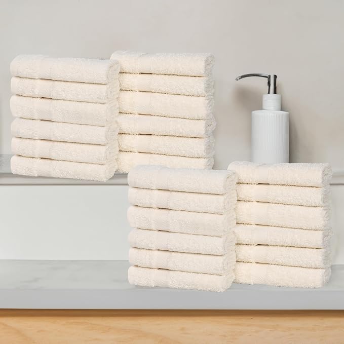 Superior 24-Piece Cotton Face Towel/Washcloth Set, Small Towels for Facial, Spa, Resort, Quick Wash, Gym, Resort, Bathroom Essentials, Master/Guest Bath Decor, Soft, Franklin Collection, Ivory