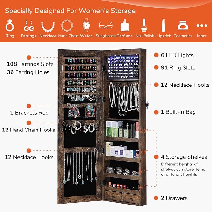 GISSAR Full Length Mirror Jewelry Cabinet, 6 LEDs Jewelry Armoire Wall Mounted Over The Door Hanging, Jewelry Organizer Storage with Lights Lockable, Vintage Brown, 14.6" x 47.2"