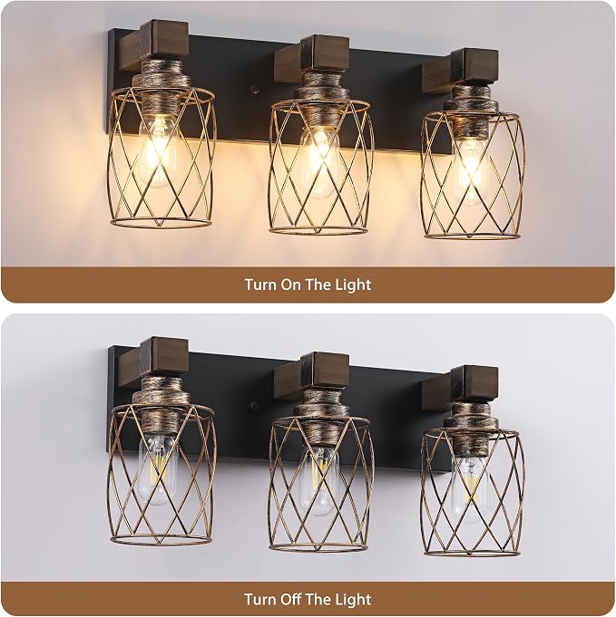 3-Light Black Gold Farmhouse Vanity Light, Wood & Metal Cage Shade | Mounted Over Mirror, Industrial Rustic Style, Ideal for Bathroom, Bedroom, Hallway & Living Room, Easy To Install