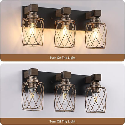 3-Light Black Gold Farmhouse Vanity Light, Wood & Metal Cage Shade | Mounted Over Mirror, Industrial Rustic Style, Ideal for Bathroom, Bedroom, Hallway & Living Room, Easy To Install