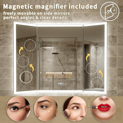 60x36 Trifold Bathroom Mirror with Lights, Removable Magnifier, 180° Foldable LED Vanity Mirror, Front & Backlit, Wall Mounted, Anti-Fog, Stepless Dimming & 3 Color Temperature Changing
