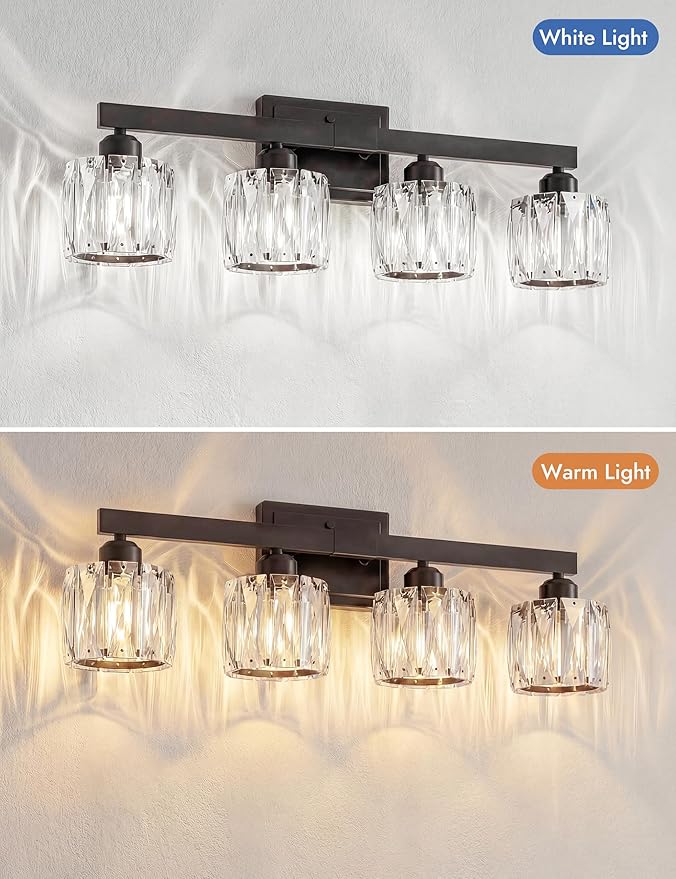 VOLISUN Crystal Vanity Lights for Bathroom, 4 Light Bathroom Vanity Light, Modern Matte Black Bathrooms Light Over Mirror, Black Bathrooms Lights Fixtures-UL Certificated(Exclude Bulb)