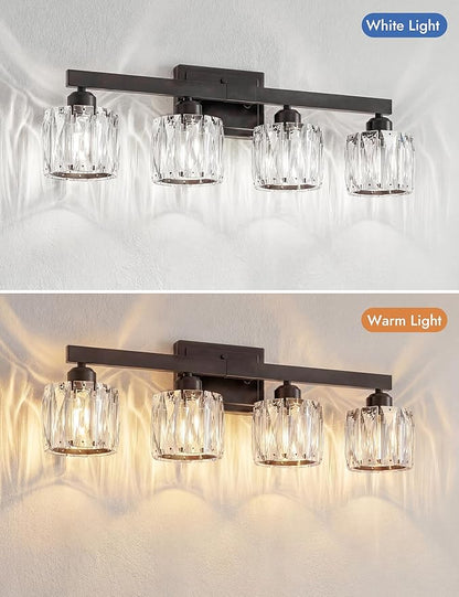 VOLISUN Crystal Vanity Lights for Bathroom, 4 Light Bathroom Vanity Light, Modern Matte Black Bathrooms Light Over Mirror, Black Bathrooms Lights Fixtures-UL Certificated(Exclude Bulb)