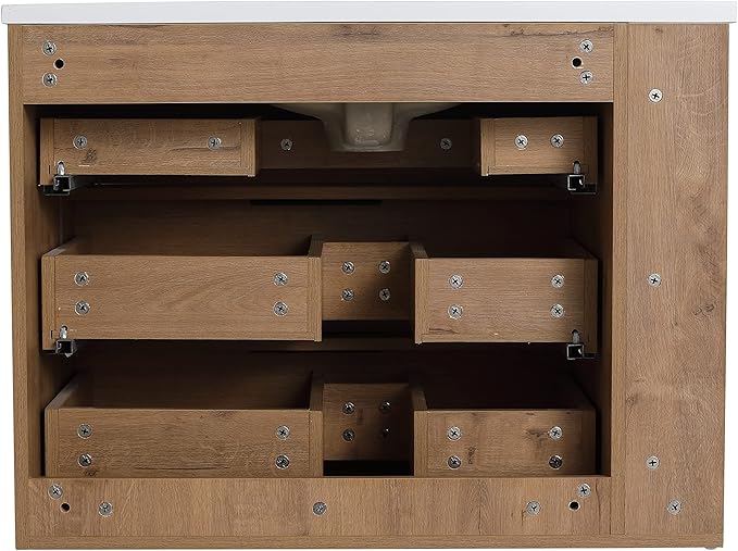 30 Inch Bathroom Vanity with White Sink Combo, Wall-Mounted Bathroom Vanity 3 Drawer&Left Side Shelf for Small Space, Modern Floating Bathroom Cabinet with Top Basin & Storage Cabinet,Brown