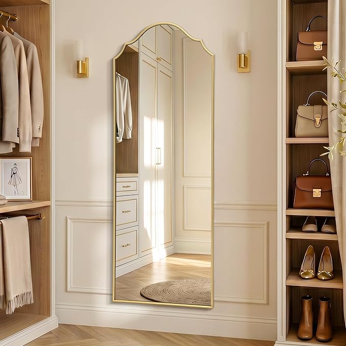Besdomus Scalloped Full Length Mirror: 21"x56" Gold Arched Floor Mirror | Modern Minimalist Wooden Frame Body Long Mirror for Wall/Bedroom/Cloakroom/Entryway/Living Room - Home Decor for Housewife