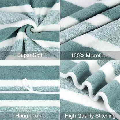 JML Bath Towels, 2 Pack, 27x55 in, Microfiber, Stripe Green | Soft, Super Absorbent, Quick Dry, Lint-Free, Lightweight Bathroom Towel with Hanging Loop for Daily Use