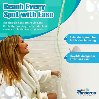 Rinseroo Slip-On Handheld Shower Attachment Hose w/Spray Head | Seated Bathing, Converts Fixed Shower Head, Portable No-Install, For Seniors & RV, Gravity Fed