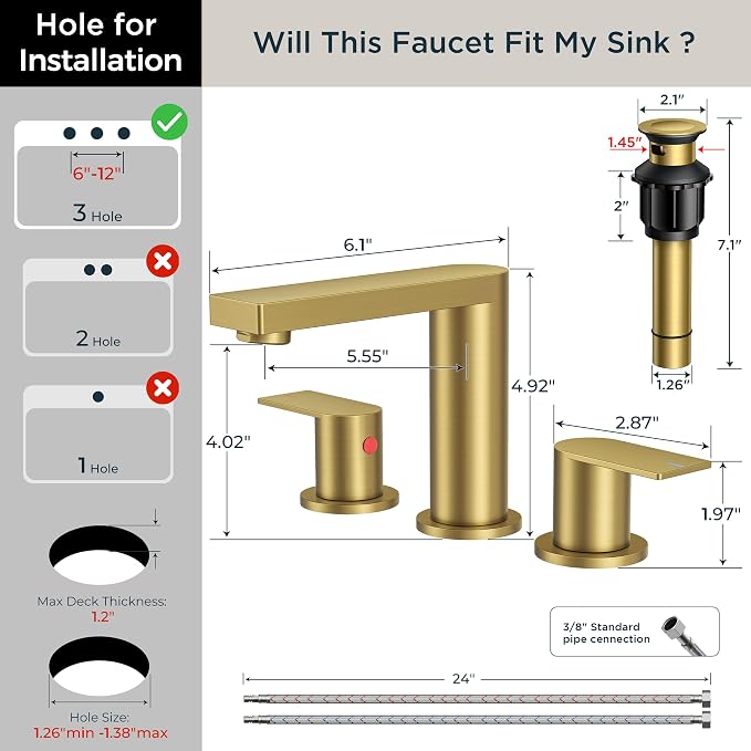 FORIOUS 8 Inch Bathroom Faucet 3 Hole, 2 Handles for Vanity Brushed Gold | 2 Handles Bathroom Sink Faucet with Pop-up Drain and 24" cUPC Lines, Fits 6-12 Inch 3 Hole Install, for RV Laundry Sink