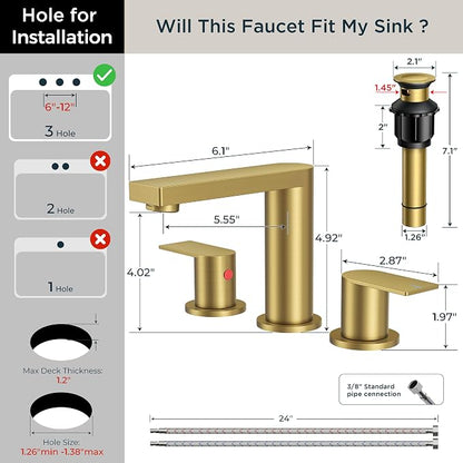 FORIOUS 8 Inch Bathroom Faucet 3 Hole, 2 Handles for Vanity Brushed Gold | 2 Handles Bathroom Sink Faucet with Pop-up Drain and 24" cUPC Lines, Fits 6-12 Inch 3 Hole Install, for RV Laundry Sink