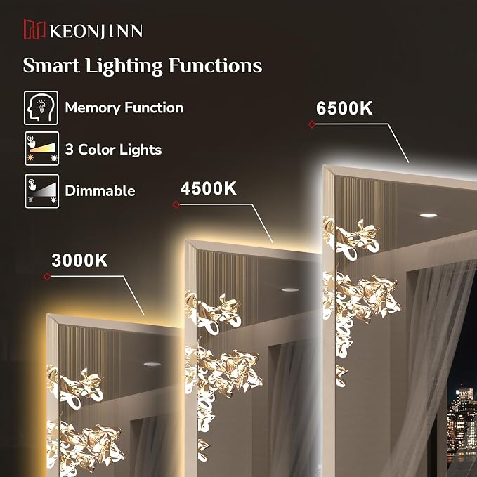 Keonjinn 84"x40" LED Bathroom Mirror with Lights, Safe HD Tempered Glass | Elegant Beveled Edge, Dimmable 3 Color Lights, Auto-OFF Defogging, Wall Switch/Plug in, Secure Installation, Large LED Mirror