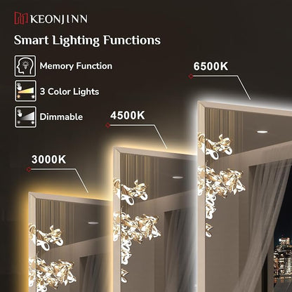 Keonjinn 84"x40" LED Bathroom Mirror with Lights, Safe HD Tempered Glass | Elegant Beveled Edge, Dimmable 3 Color Lights, Auto-OFF Defogging, Wall Switch/Plug in, Secure Installation, Large LED Mirror