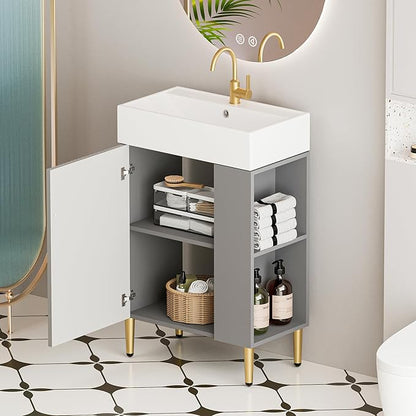 22" Small Bathroom Vanity with Sink, Morden Bathroom Vanities with Soft-Close Door and Open Shelf, Freestanding Narrow Vanity for Compact Space-Saving Bathrooms (Gray,22" Freestanding Right Shelf)