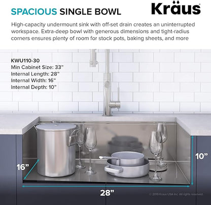 KRAUS Kore Workstation 30-inch Undermount 16 Gauge Stainless Kitchen Sink, Single Bowl Kitchen Sink with 3/4 HP Garbage Disposal, KWU110-30-100-75MB