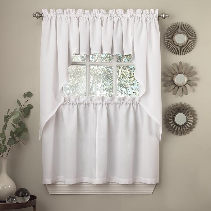 Sweet Home Collection 5 Pc Kitchen Curtain Set-Valance Swag Choice of 24" or 36" Tier Pair, Ribcord White