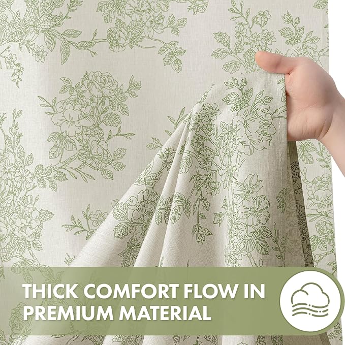 Spring Linen Green Floral Shower Curtain W72*L72 Inches Long | Linen Textured Fabric, 12 Rustproof Metal Hooks, Wrinkle Resistant Cloth, Machine Washable, Bathroom Decor for Cottage Core