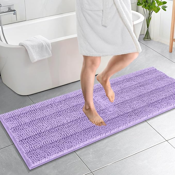 OLANLY Thick Bathroom Runner Rugs 59x20, Soft Chenille Bath Rugs, Lavender | Absorbent Striped, Rubber Backing, Machine Wash, Long Bath Mats for Bathroom Floor, Tub and Shower, Home Decor Accessories