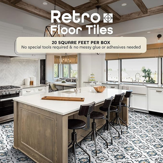 Retro Self Adhesive 12-Inch Vinyl Floor Tiles, 20 Tiles - 12" x 12", Mid Century Modern Slate Pattern - Peel & Stick, DIY Flooring for Kitchen, Dining Room, Bedrooms & Bathrooms by Achim Home Decor