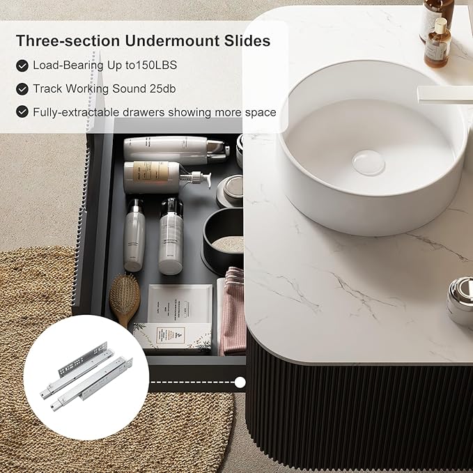 30 inch Floating Bathroom Vanity with Sink, Natural Solid Wood Modern Bathroom Vanities with Ultra-Thin Ceramic Basin and Marble Top, Soft-Close Design, Pre-Assembled, Gloss Black