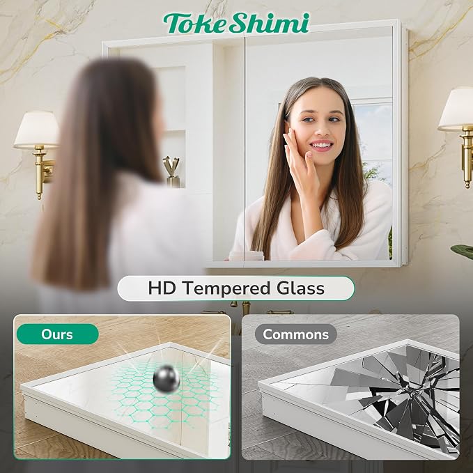 48 x 32 White Recessed Medicine Cabinet with Mirror, Assembly Required, Bathroom Medicine Cabinet with Mirror, Stepless Adjustable Shelves, Beveled Aluminum Frame, DTC Hinge