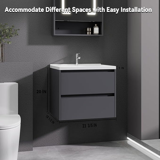 Dark Gray Floating Bathroom Vanity with Sink, 23x18 Inch Wall Mounted Bathroom Cabinet with 2 Drawers, Modern Single Sink Vanity for Small Bathroom, Space-Saving Storage Cabinet