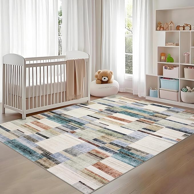 Washable Rug 9x12 Area Rug for Bedroom Geometric Modern Living Room Rug Farmhouse Non Slip Large Area Rug Soft Throw Rugs Stain Resistant Carpet for Dining Room Nursery Multi 9'x12'