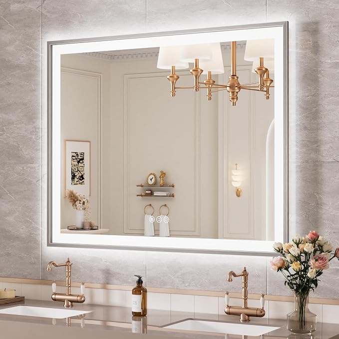 40x32 Inch LED Bathroom Mirror with Silver Frame | Silver Metal Frame, Front and Backlit, 3 Colors, Dimmable, Memory, Anti Fog, Tempered Glass, Lighted Mirror for Wall