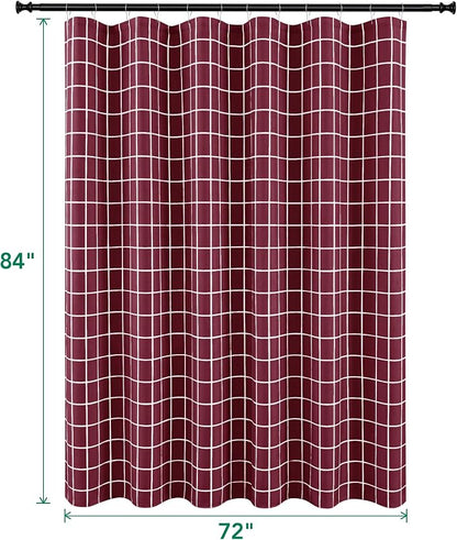 Fabric Farmhouse Shower Curtain-Cloth Extra Long Shower Curtains Bathroom | 72"Wx84"L Faux Linen Burgundy Grid Minimalist Simple Rustic Neutral Shower Curtain-Geometric Plaid Washable Hotel Quality