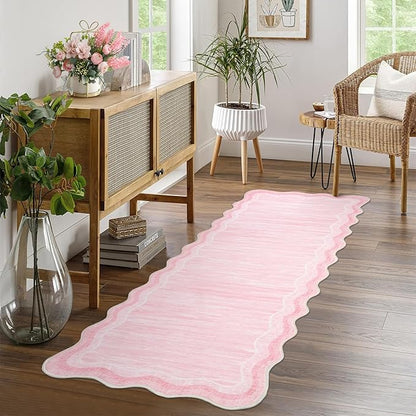 Garvee Washable Runner Rug 2x6 Modern Solid Scalloped Kitchen Runner Pink | Modern Long Runner Rug for Entryway Bedroom, Non Slip Low Pile Solid Runner Rugs for Entryway, Nursery Rugs Runner